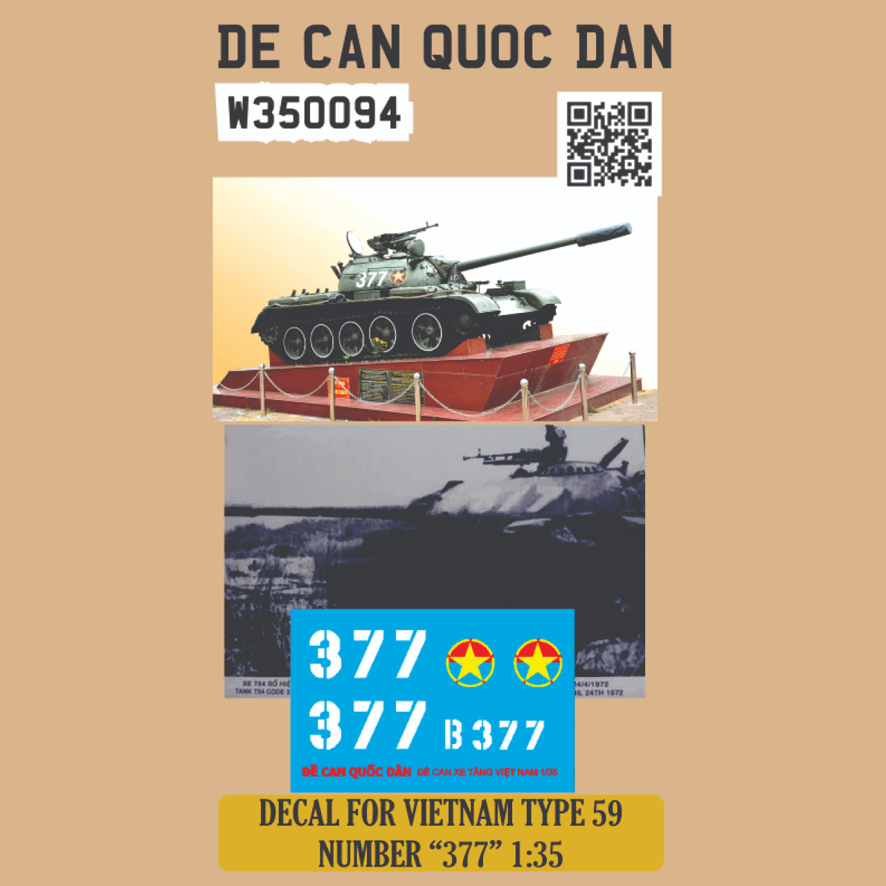 Đề Can Quốc Dân | 1:35 | Decal for  VIETNAM TYPE 59 NUMBER "377"