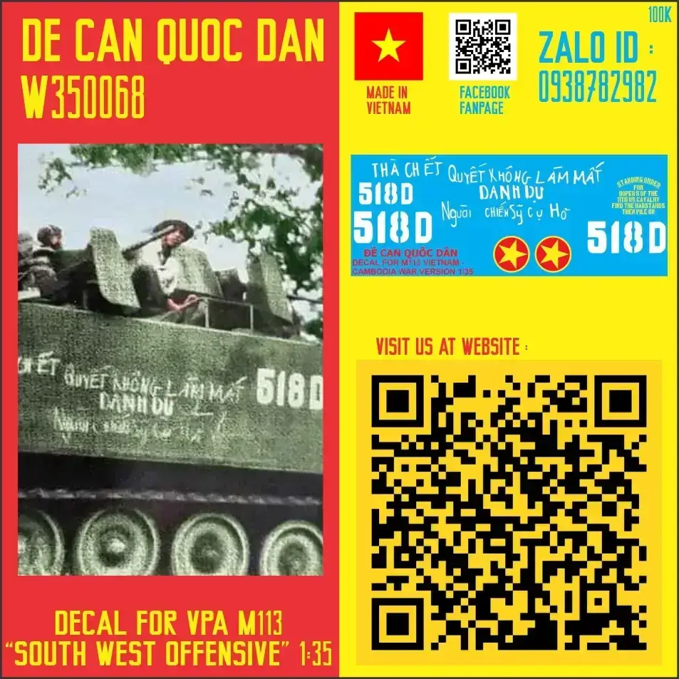 Decal Quốc Dân | 1:35 | DECAL FOR M113 VPA "SOUTH WEST OFFENSIVE"
