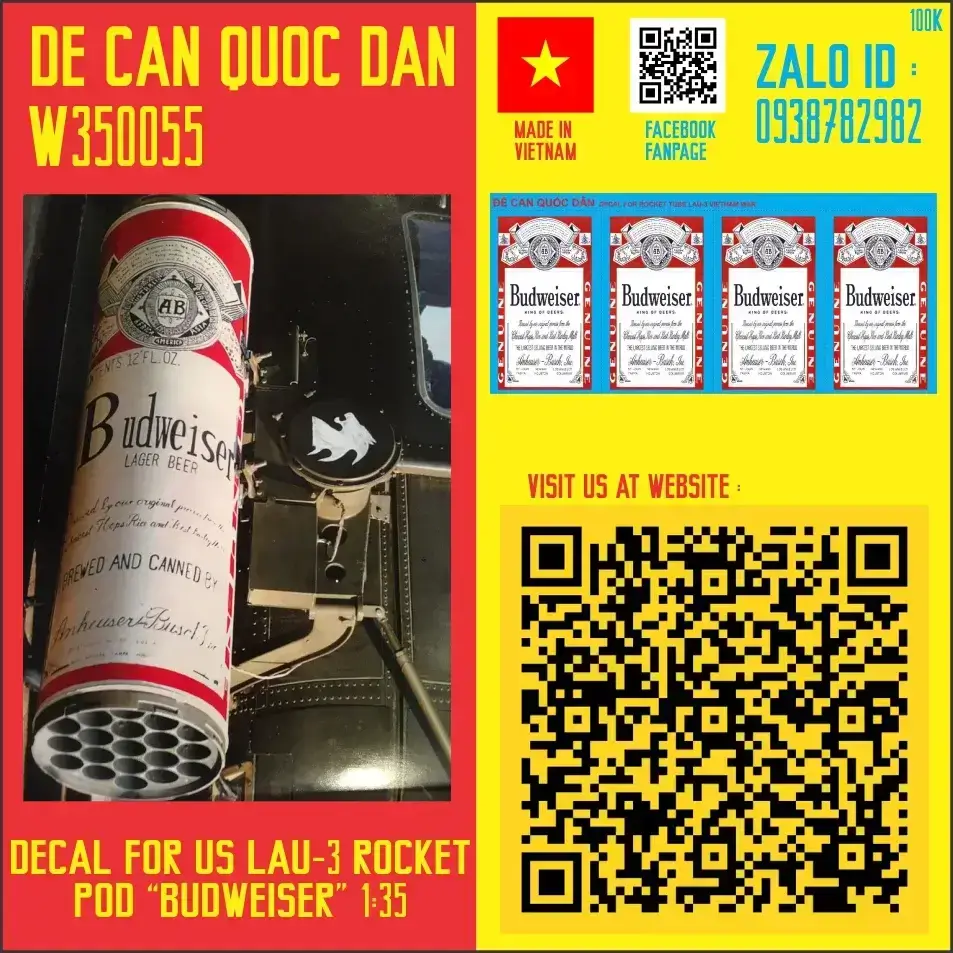 Decal Quốc Dân | 1:35 | Decal for LAU-3 Rocket Pod "Budweiser" Version Decal (for UH-1, AH-1 heli)