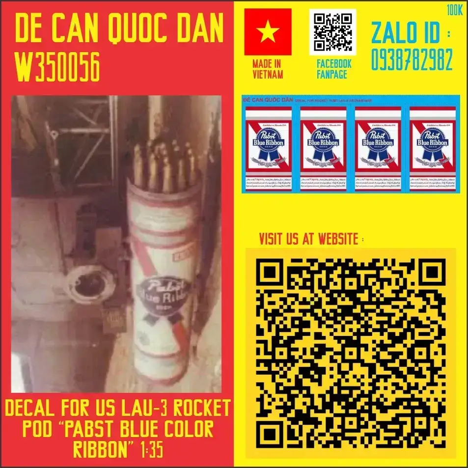 Decal Quốc Dân | 1:35 | Decal for LAU-3 Rocket Pod "Pabst Blue Ribbon" Version Decal (for UH-1, AH-1 heli)