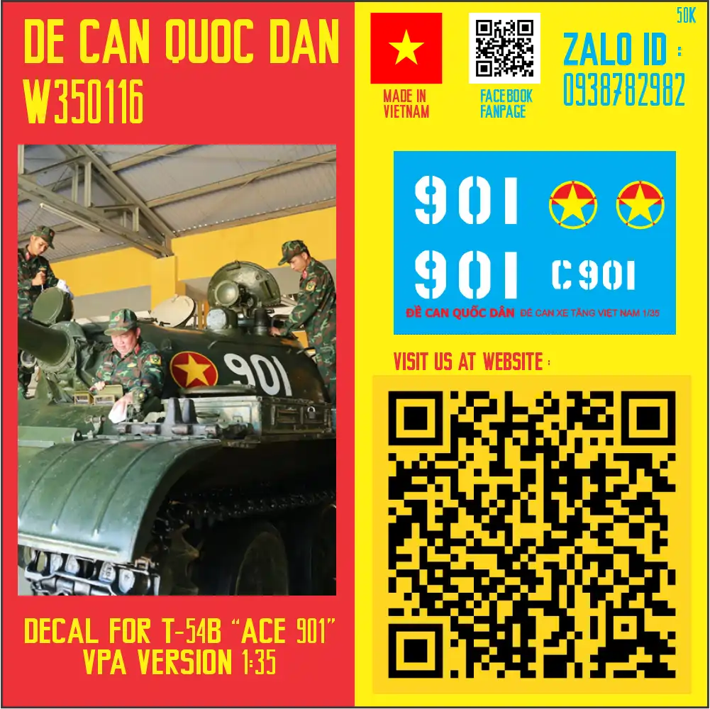 Decal Quốc Dân | 1:35 | Decal for VPA T-54B tank Num "901" (ACE)