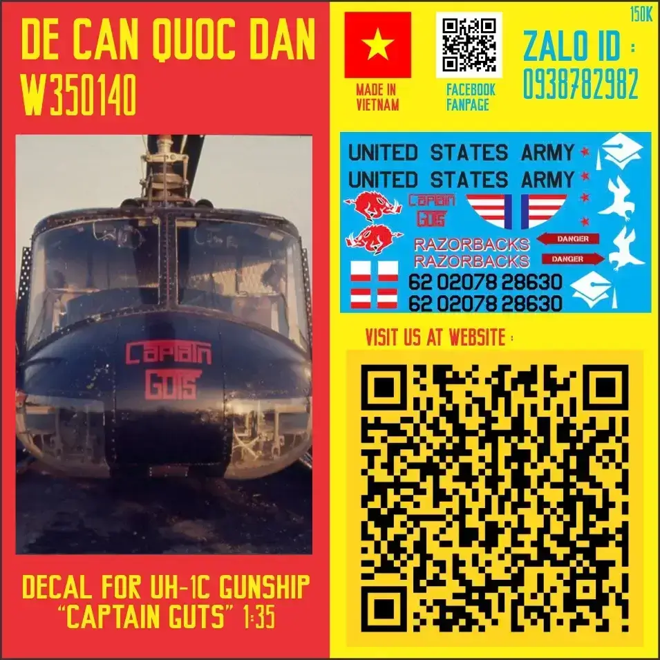 Decal Quốc Dân | 1:35 | DECAL FOR UH-1C HELICOPTER GUNSHIP "CAPTAIN GUTS"