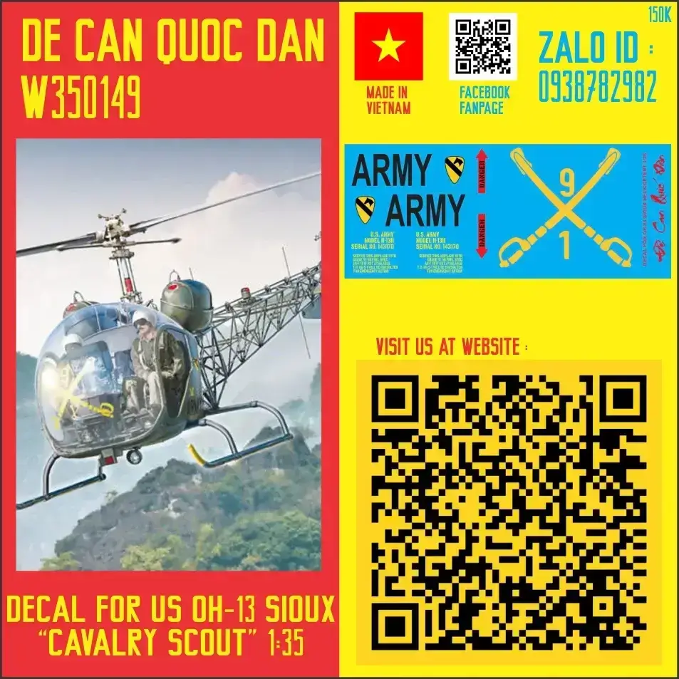 Decal Quốc Dân | 1:35 | DECAL FOR US OH-13 SIOUX "CAVALRY SCOUT" HELICOPTER