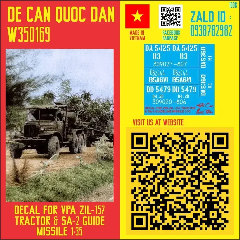 Decal Quốc Dân | 1:35 | DECAL FOR VPA ZIL-157 TRACTOR & SA-2 GUIDELINE MISSILE