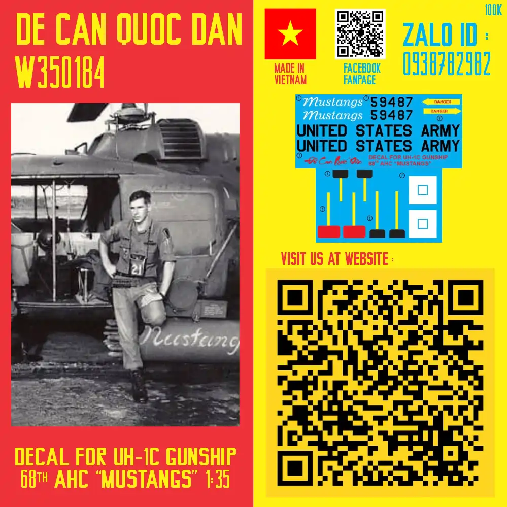 Decal Quốc Dân | 1:35 | Decal for UH-1C GUNSHIP 68ND AHC "MUSTANGS"