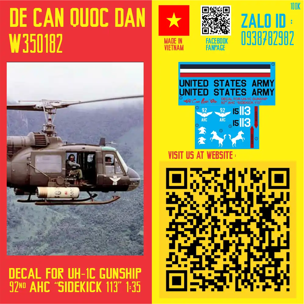Decal Quốc Dân | 1:35 | Decal for UH-1C GUNSHIP 92ND AHC "SIDEKICK 113"