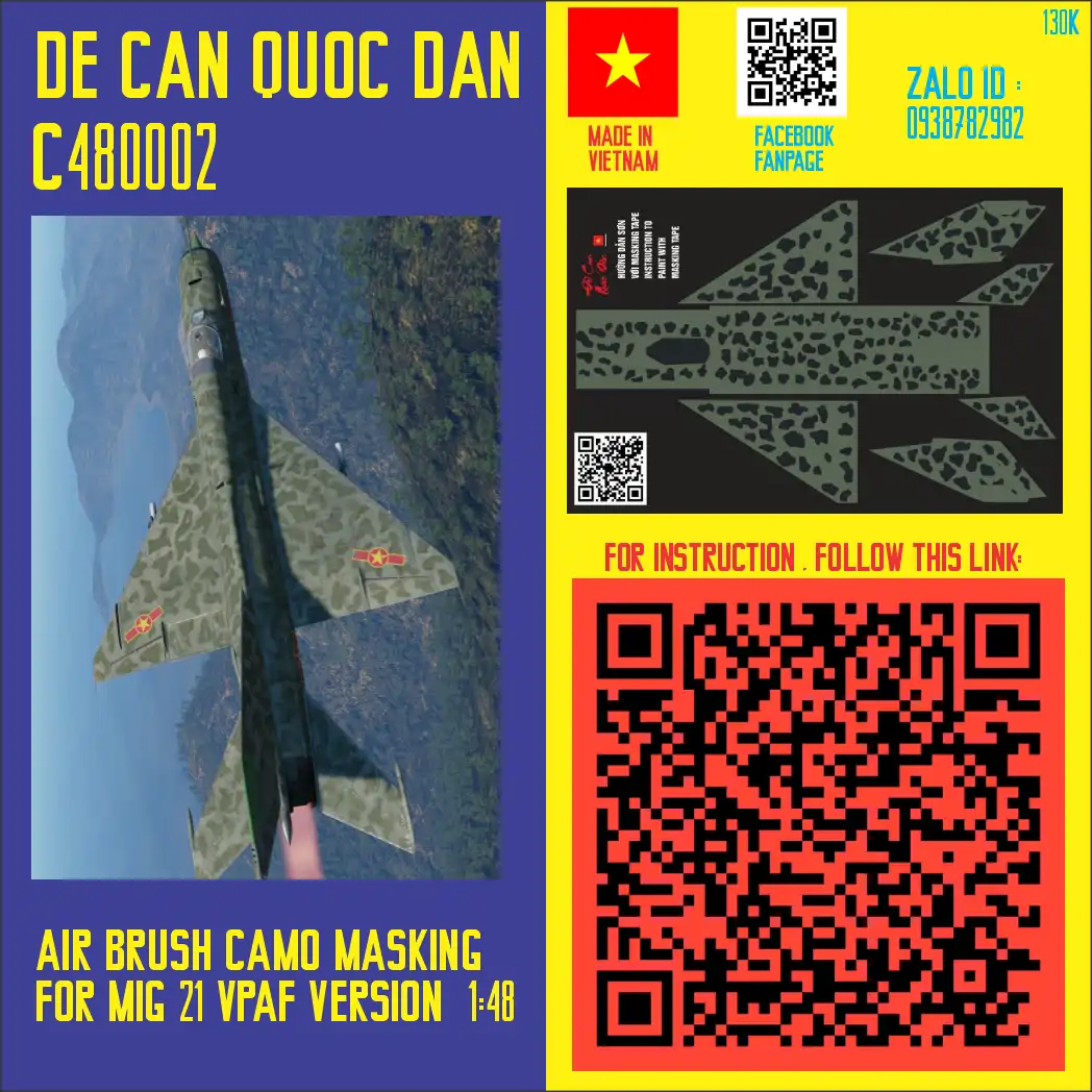 Decal Quốc Dân | 1:48 | Air Brush Camo Masking for MIG-21 VPAF