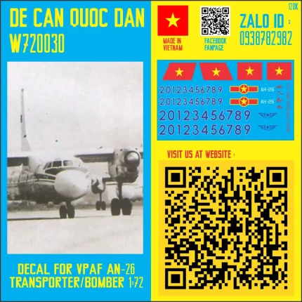 Decal Quốc Dân | 1:72 | DECAL FOR VPAF AN-26 TRANSPORTER/BOMBER