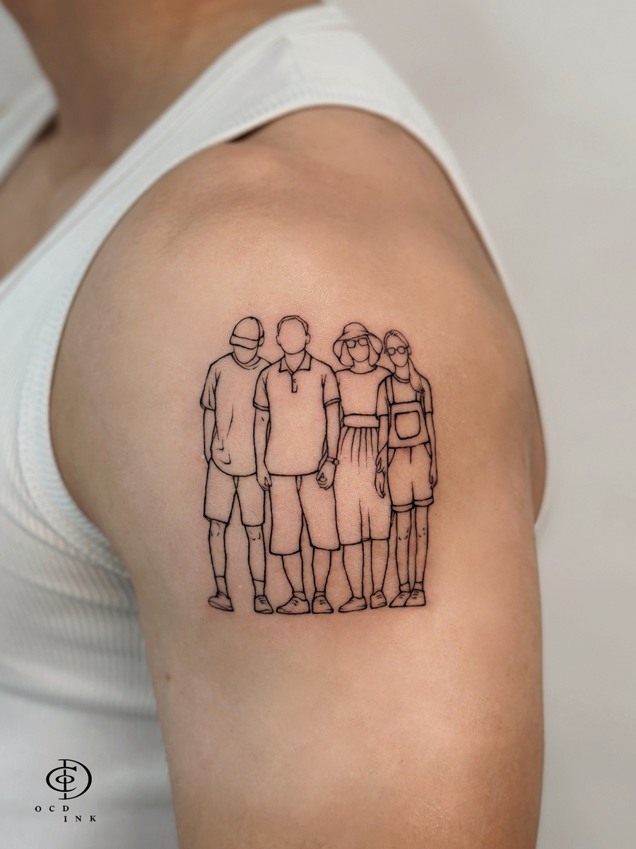 Fineline family photo with the parent and two children tattoo on the arm by OCD Ink Studio in Hoi An
