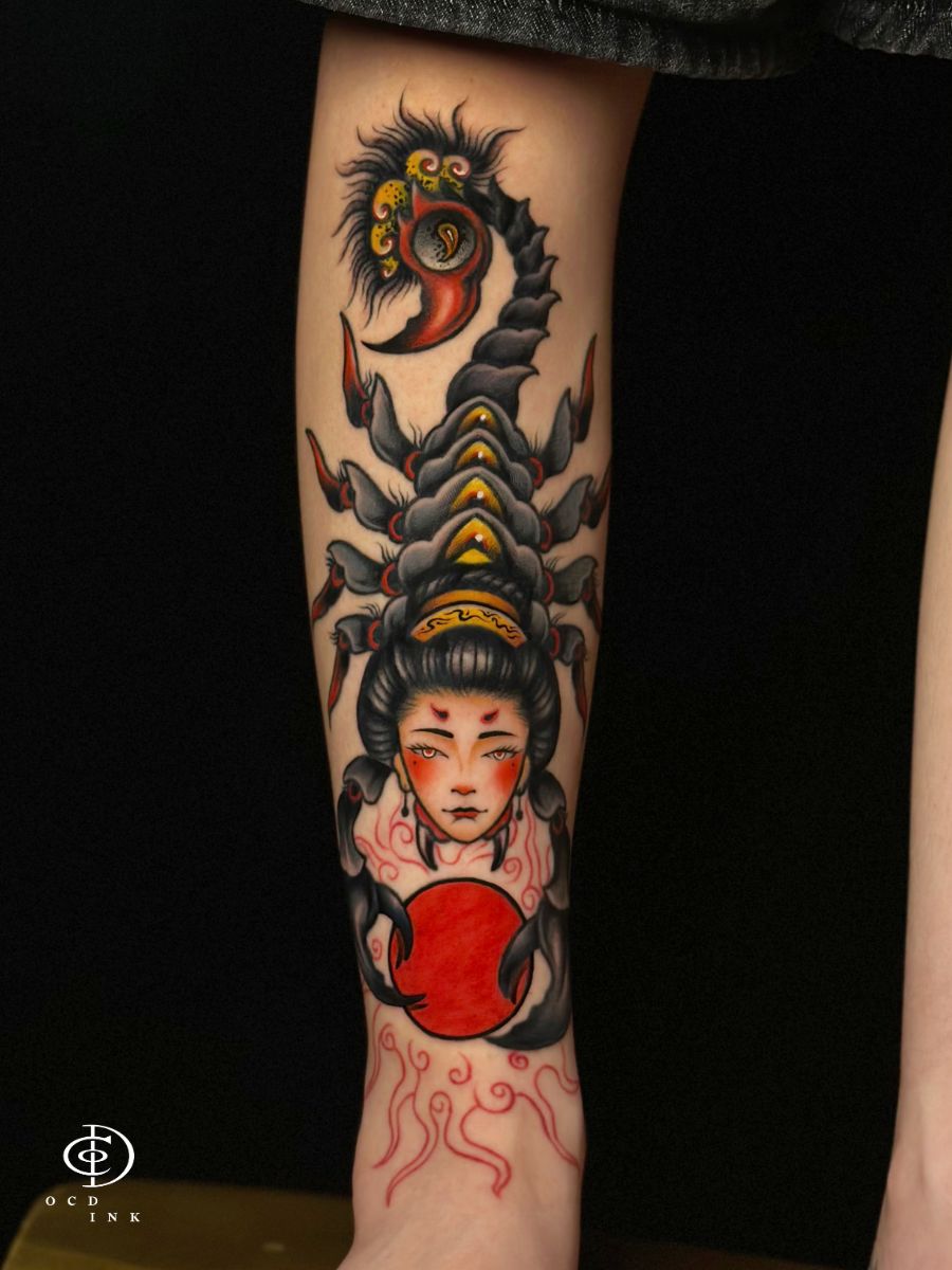 Color Scorpion Geisha Tattoo by