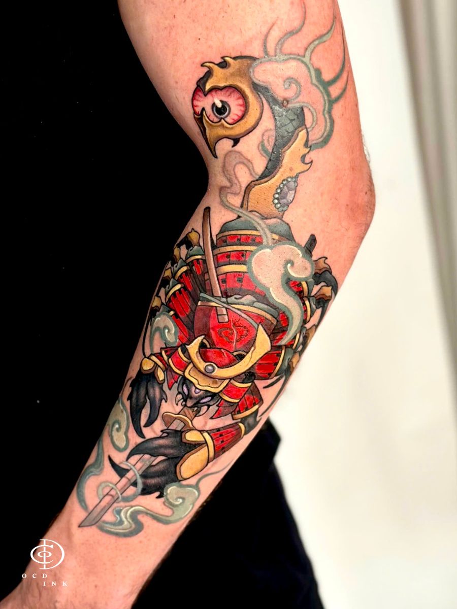 Color Scorpion in samurai armor tattoo - OCD Ink Studio