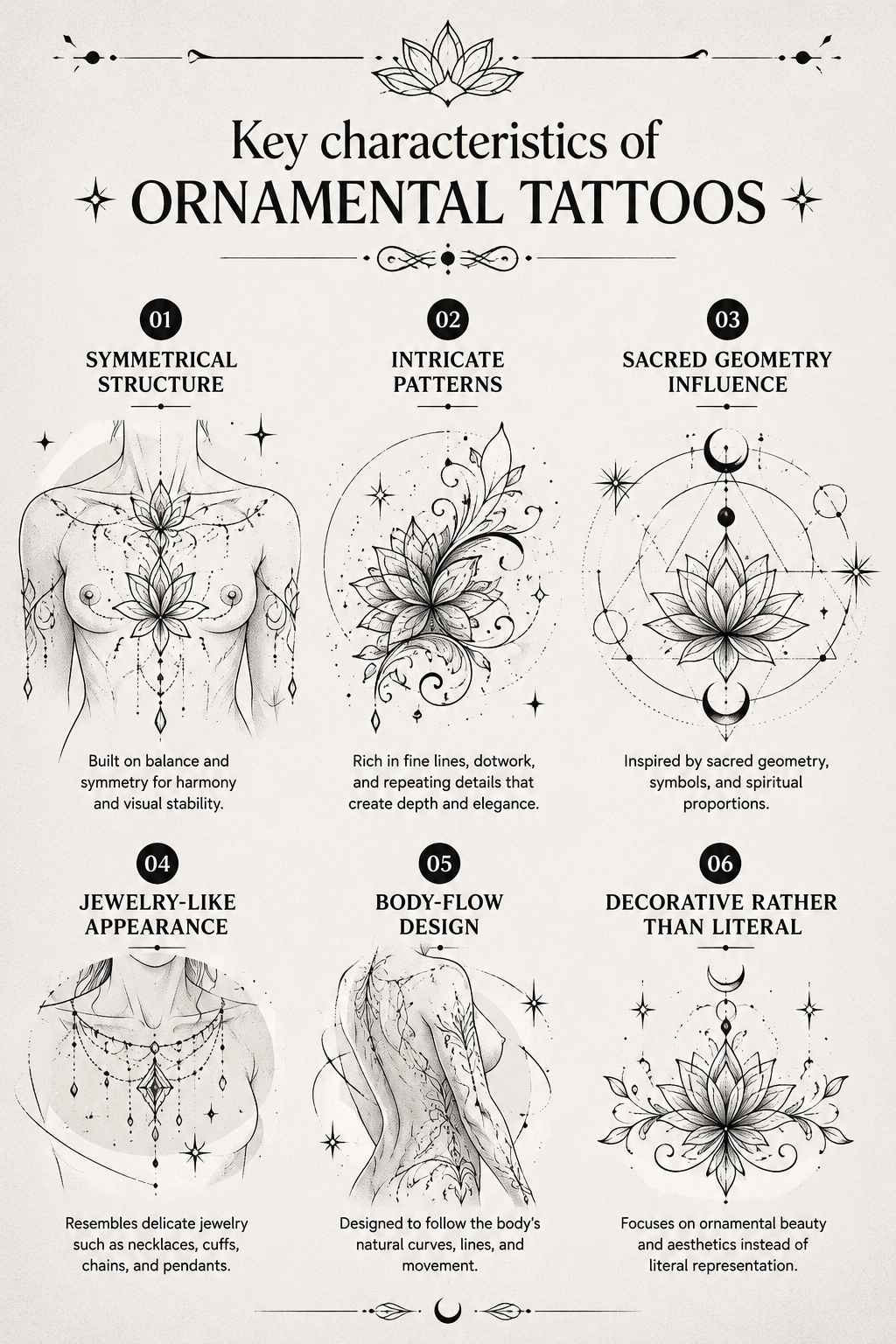 Infographic showing key characteristics of ornamental tattoo designs