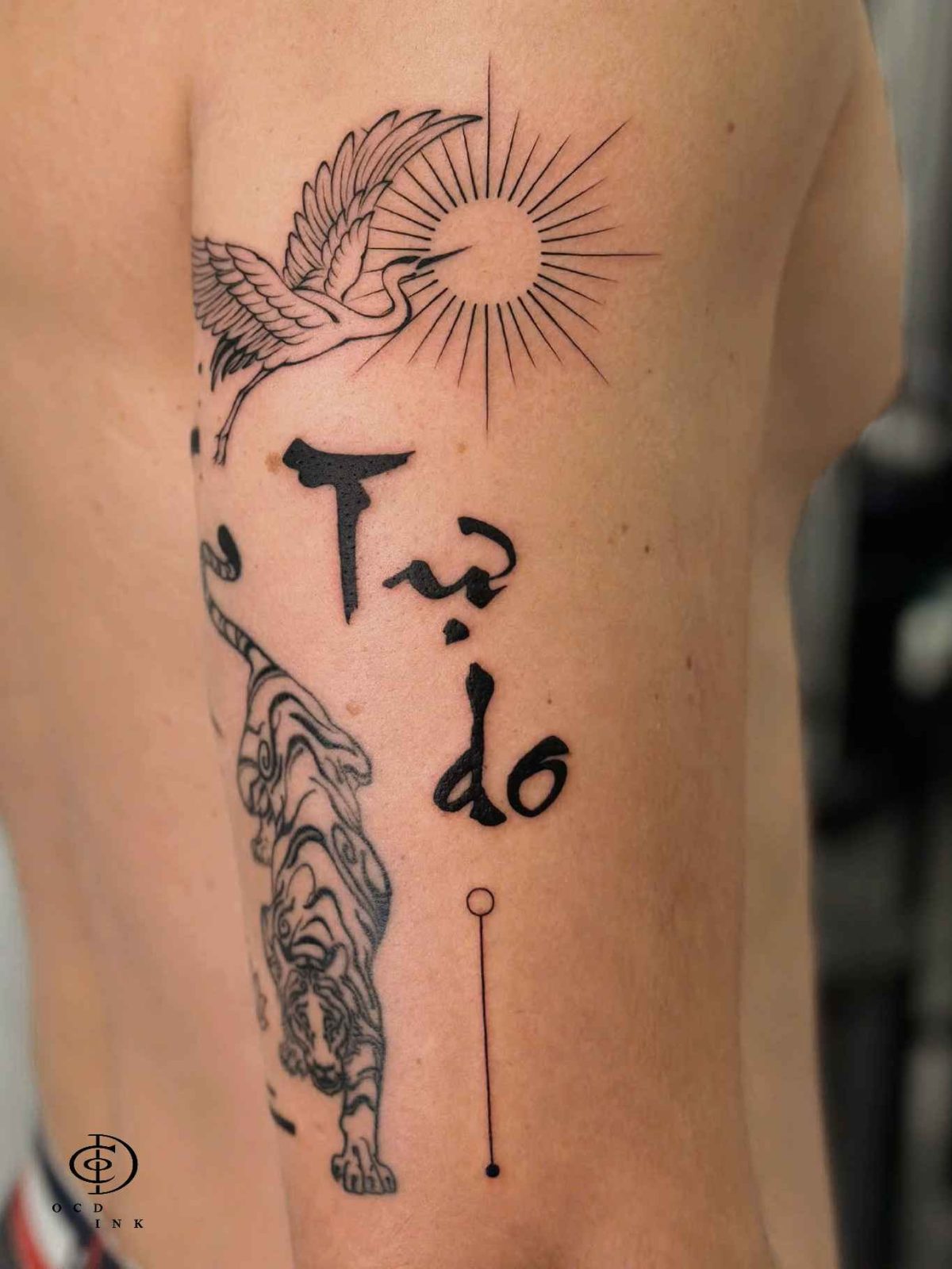 Vietnamese calligraphy tattoo reading "Tự do" paired with a crane and sun design on the upper arm