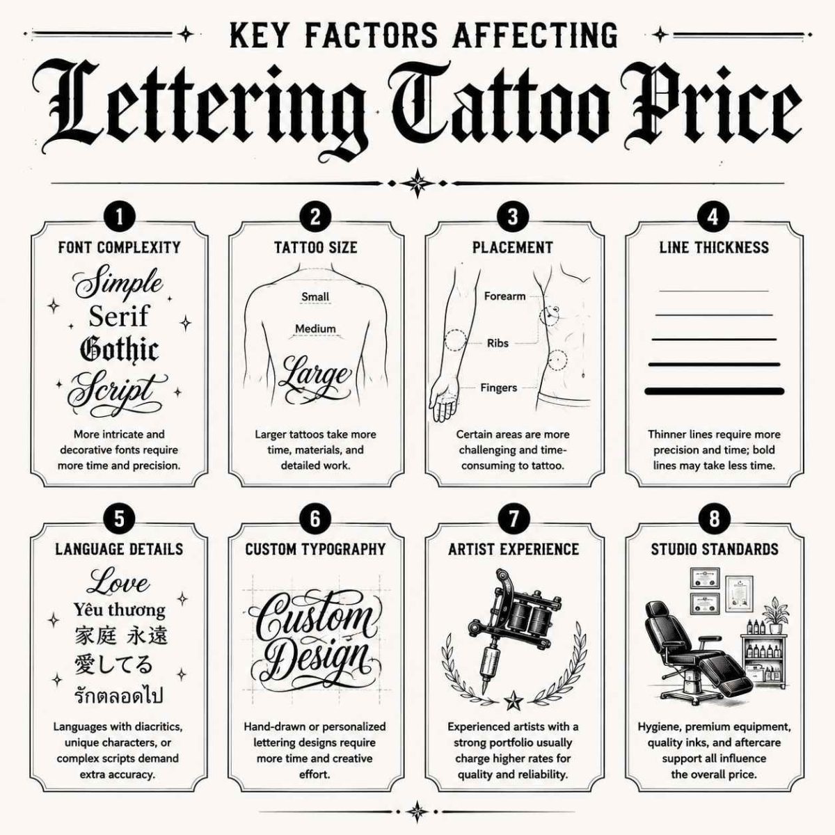 Black and white infographic showing eight key factors that affect lettering tattoo prices