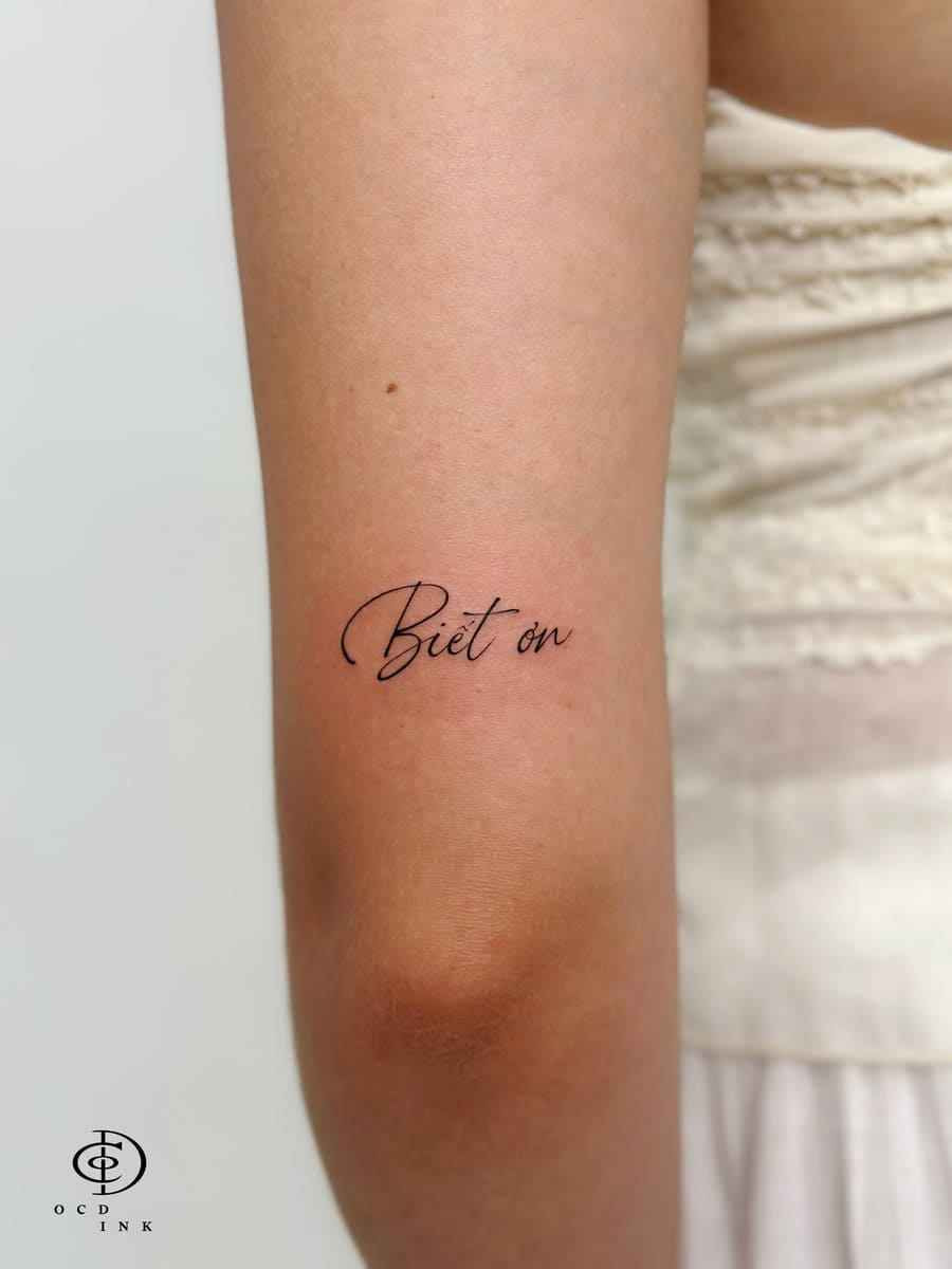 Fine line Vietnamese phrase tattoo reading "Biết ơn" in elegant cursive script on the inner arm