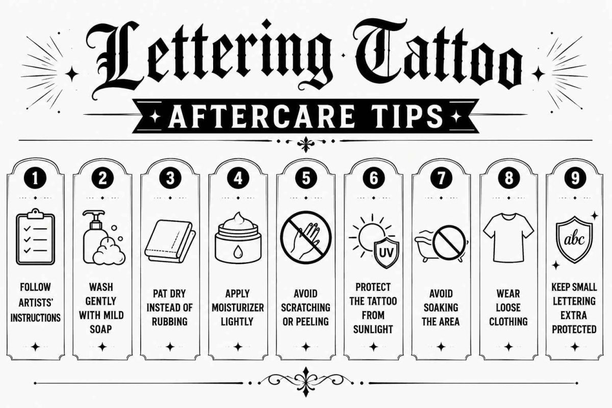 Black and white infographic titled "Lettering Tattoo Aftercare Tips" showing nine essential steps for caring for lettering tattoos
