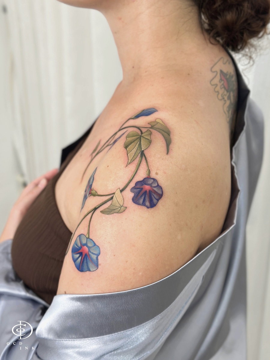 Color morning glory flower tattoo - OCD Ink Studio