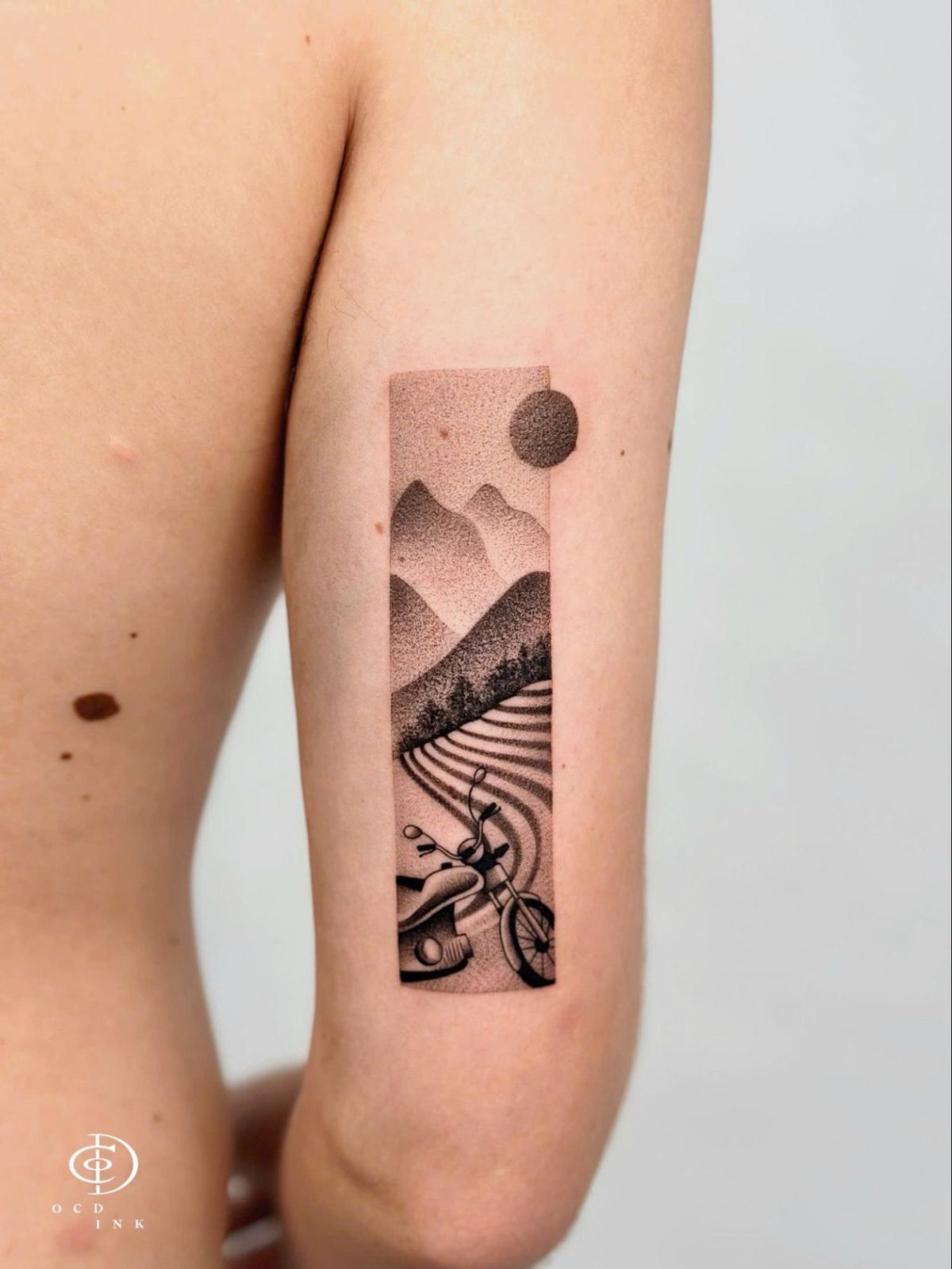 Vietnam-inspired dotwork tattoo featuring a motorbike parked beside terraced rice fields with layered mountain peaks under a circular sun, rendered in fine stippling inside a vertical rectangular frame.