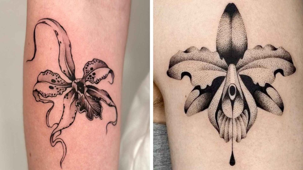 Side-by-side comparison of blackwork and dotwork flower tattoos, showing bold solid black shading on the left and fine stippled dot shading with soft gradients on the right