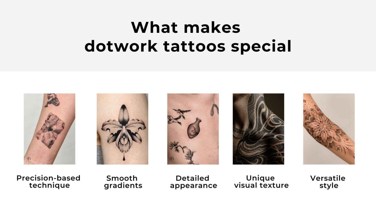 Infographic explaining what makes dotwork tattoos unique