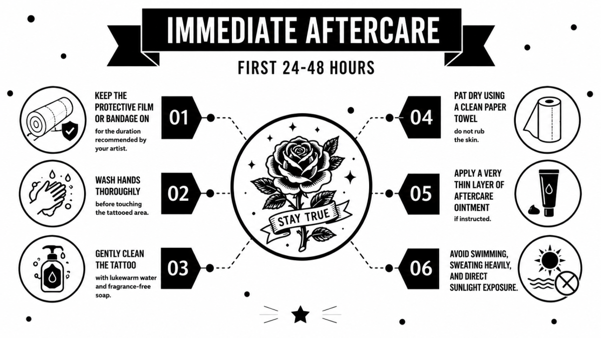 COLOR Tattoo aftercare infographic outlining the first 24–48 hours of healing