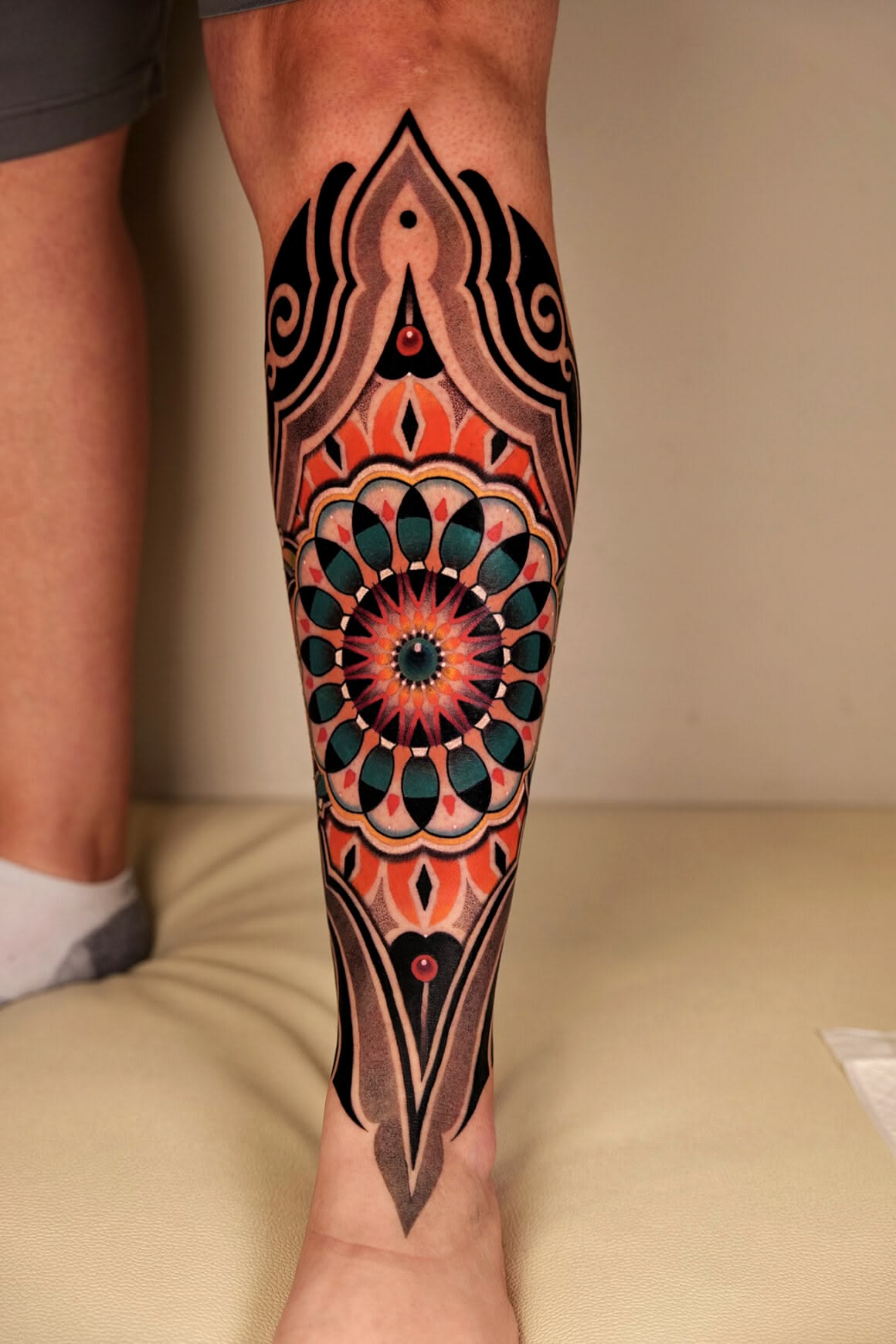 COLOR Geometric color tattoo featuring a symmetrical mandala pattern with bold black linework, teal, orange, and red accents extending across the calf.
