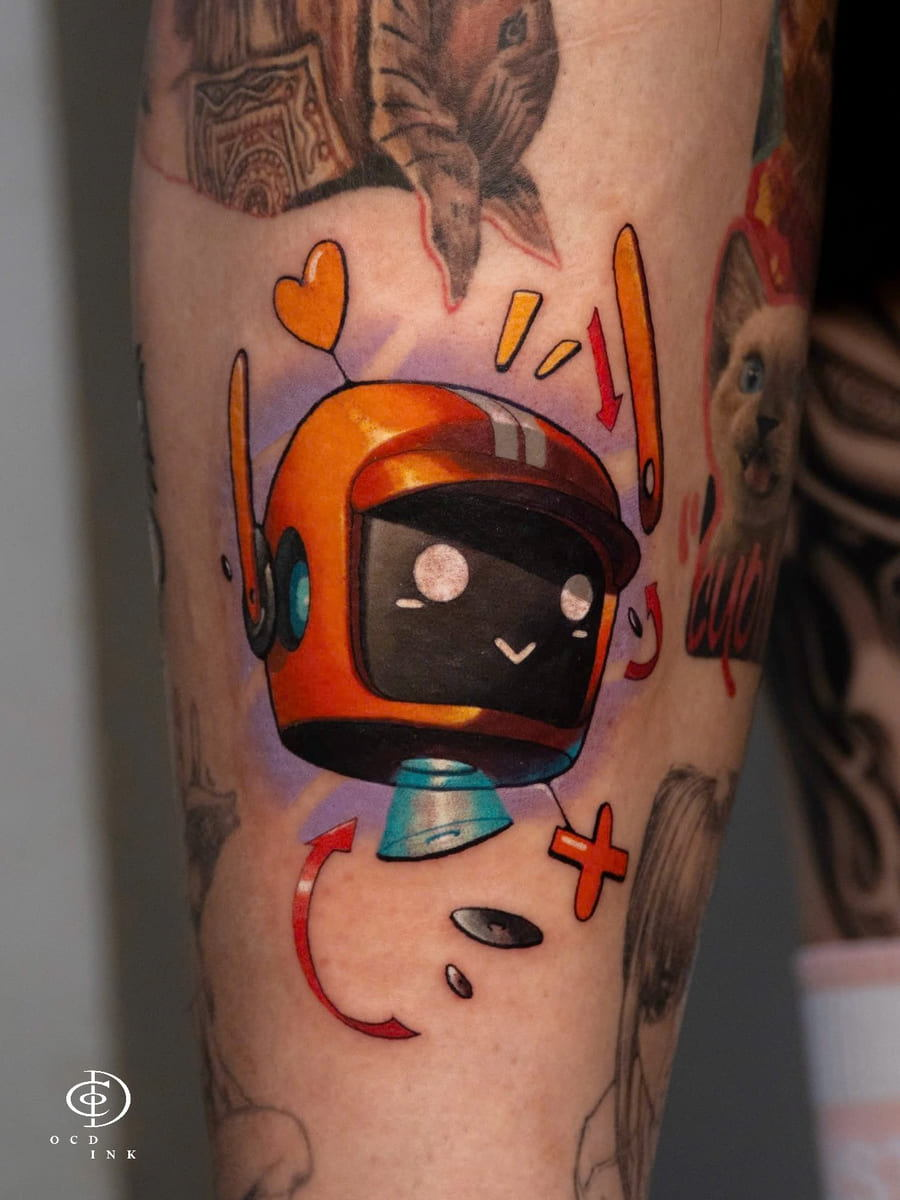 COLOR New school color tattoo of a smiling orange robot with oversized eyes, floating hearts, arrows, and graphic shapes, created with bold outlines and vibrant colors.
