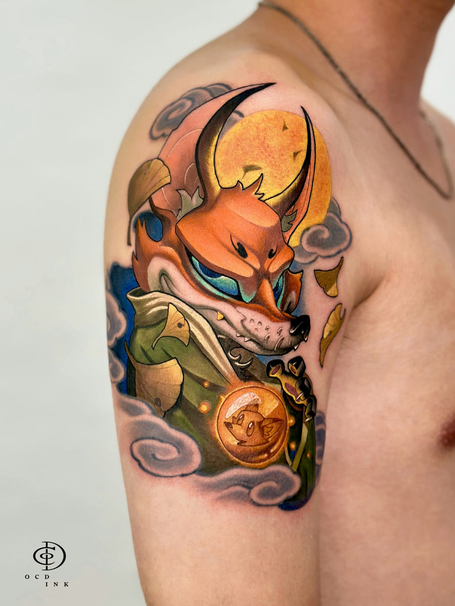 COLOR New school color tattoo featuring a stylized fox character with oversized blue eyes, curved horns, clouds, a glowing full moon, and vivid orange, blue, and gold tones.