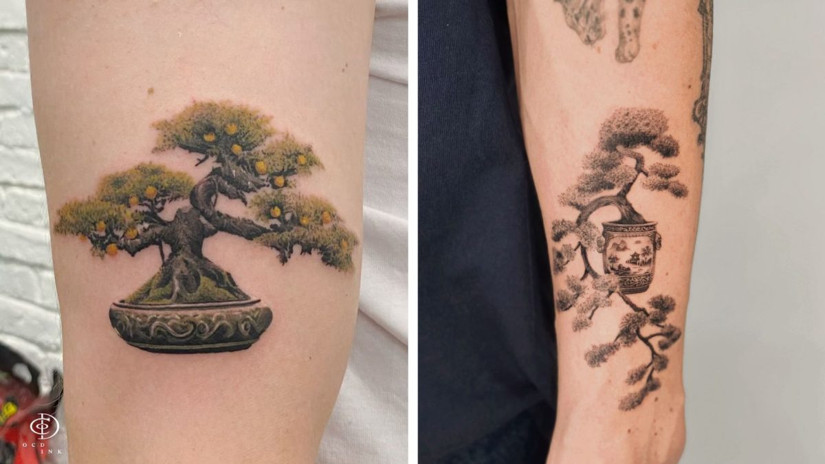 COLOR Side-by-side comparison of a color bonsai tattoo with green foliage and yellow accents versus a black and grey bonsai tattoo using fine shading and monochromatic tones.