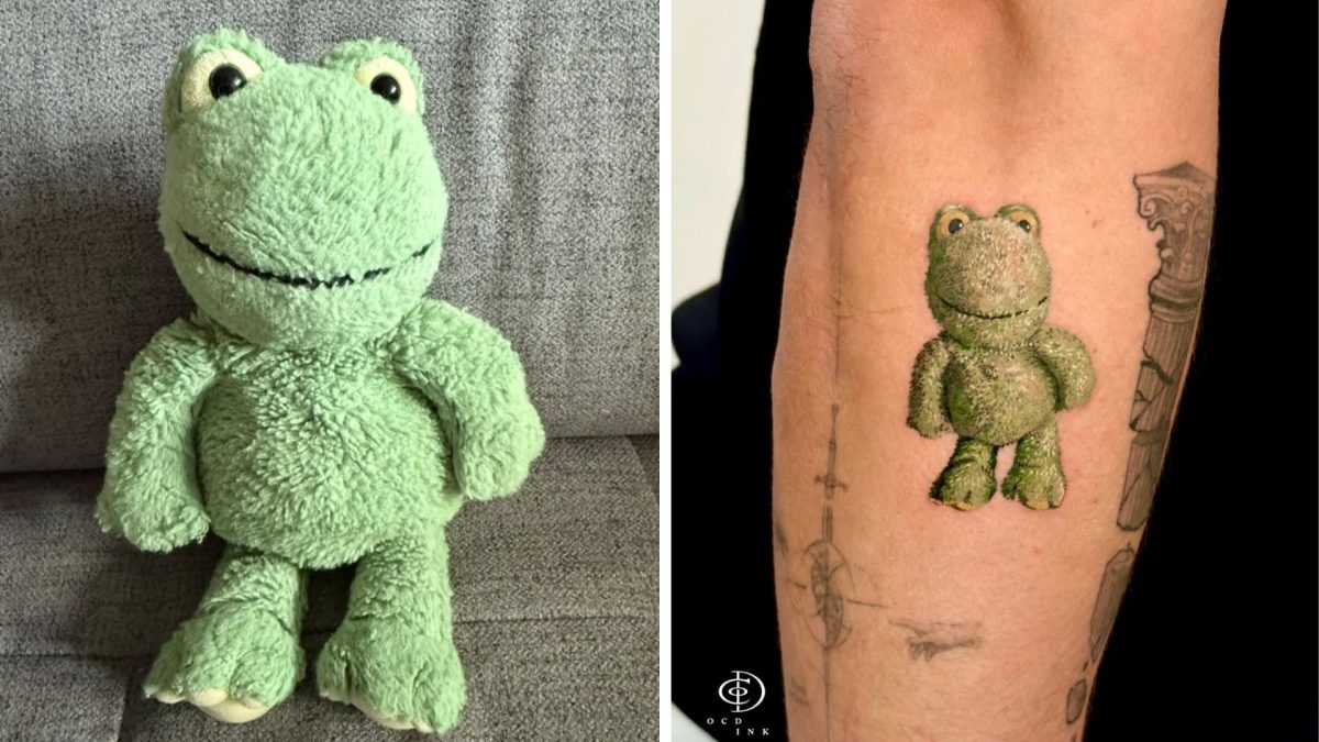 Side-by-side comparison of a plush green frog toy and a hyper-realism tattoo replicating the toy with lifelike texture, soft fabric details, and accurate proportions on the inner forearm.