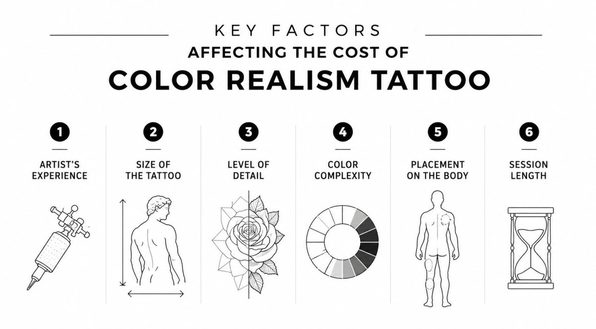 Infographic titled "Key Factors Affecting the Cost of Color Realism Tattoo" outlining six elements that influence pricing