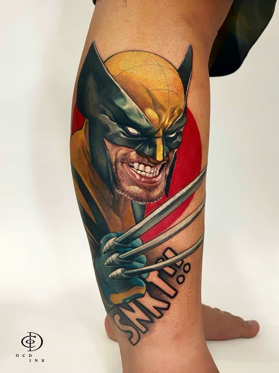 Hyper realism color tattoo of Wolverine on the lower leg, featuring a highly detailed portrait, metallic claws, bold comic-inspired colors, and realistic facial textures.