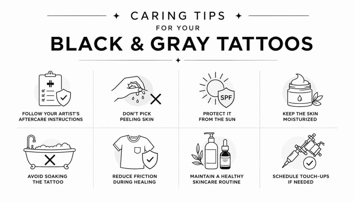 Black & Gray An infographic featuring eight essential aftercare recommendations with simple line icons