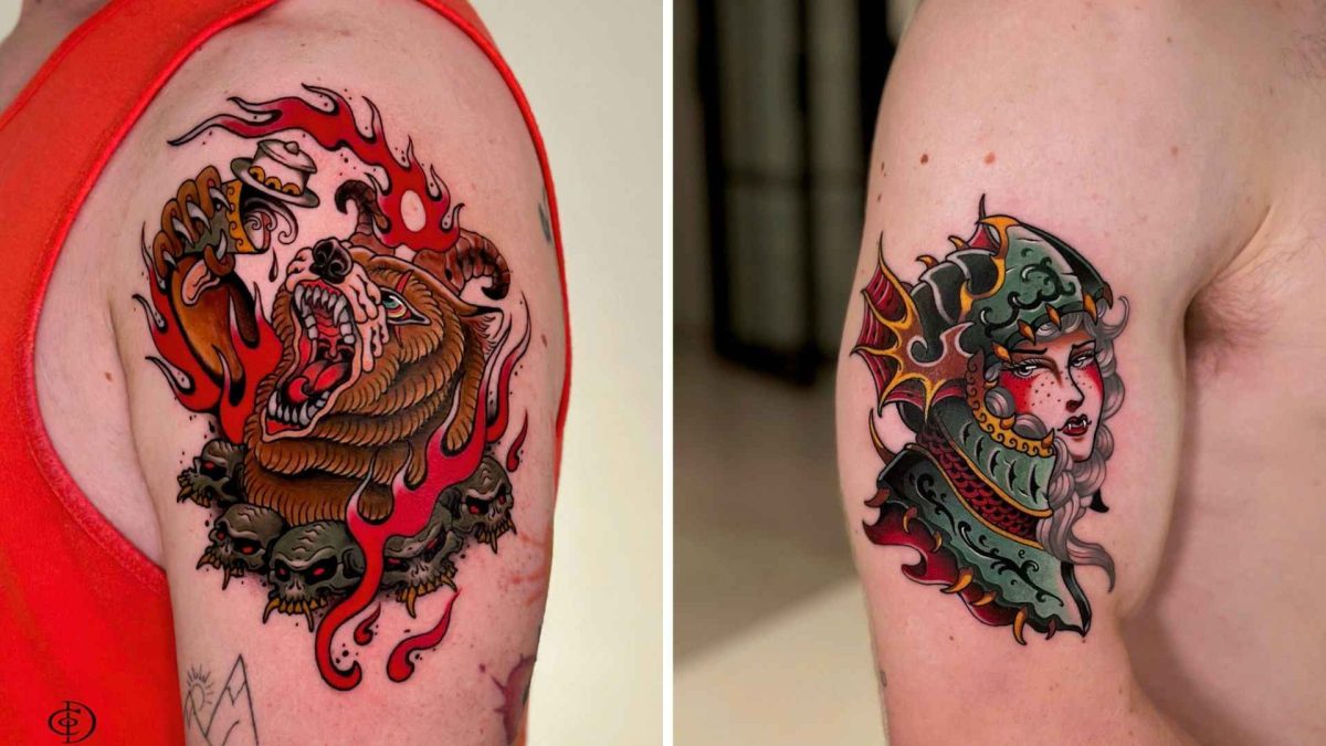 A bold traditional-style tattoo of a roaring bear surrounded by vivid red flames and dark skulls and A colorful traditional-style tattoo portraying a woman in ornate fantasy-inspired armor and a dramatic horned helmet