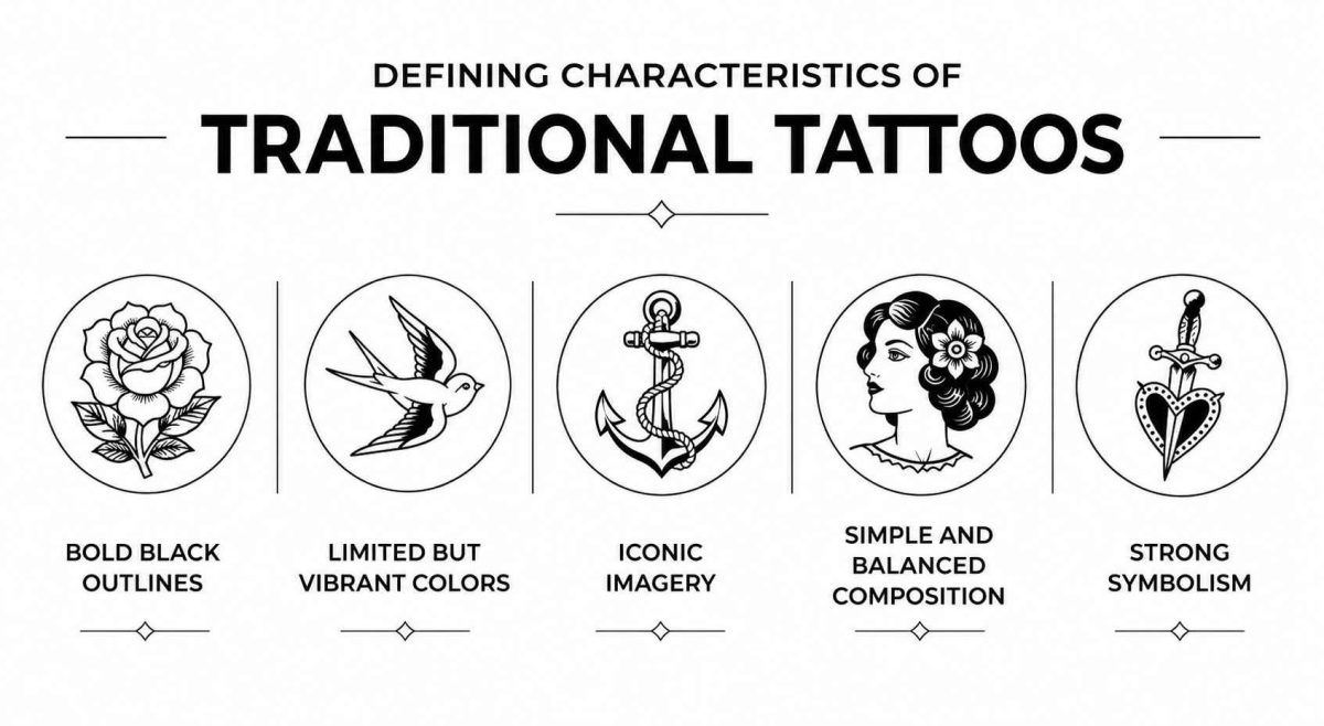 Infographic showing five defining characteristics of traditional tattoos