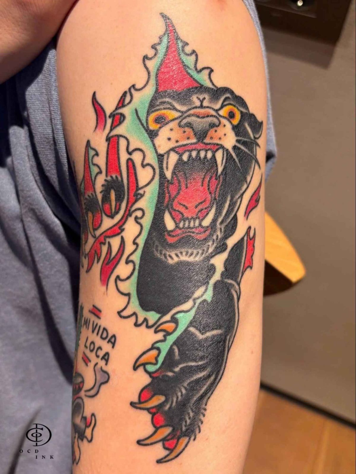 Bold traditional-style black panther tattoo with an open mouth, sharp fangs, heavy black shading, and vivid red, green, and orange accents