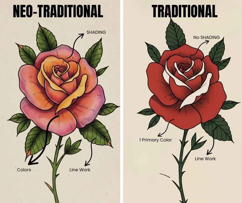 Side-by-side comparison of neo-traditional and traditional rose tattoos, highlighting differences in shading, color use, and linework.