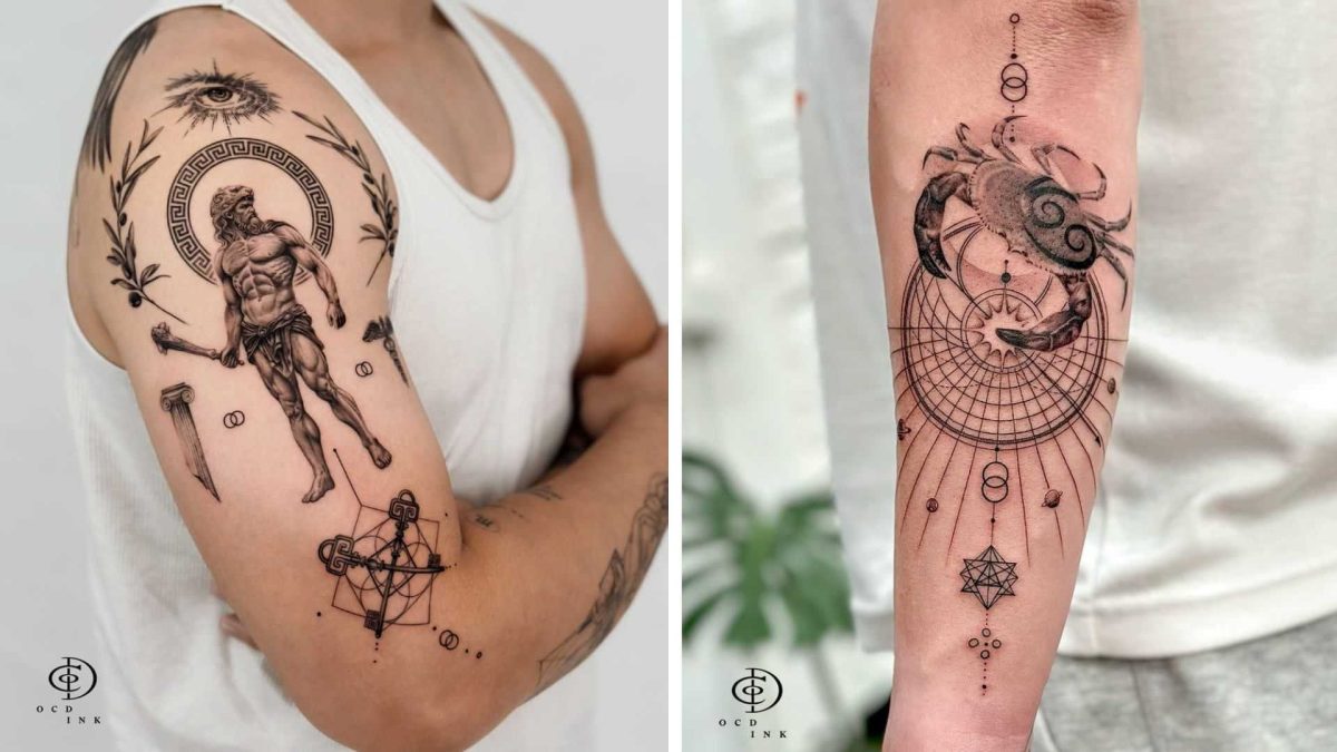 Graphic tattoos featuring a classical figure and geometric symbols on the upper arm, alongside a crab with celestial linework on the forearm