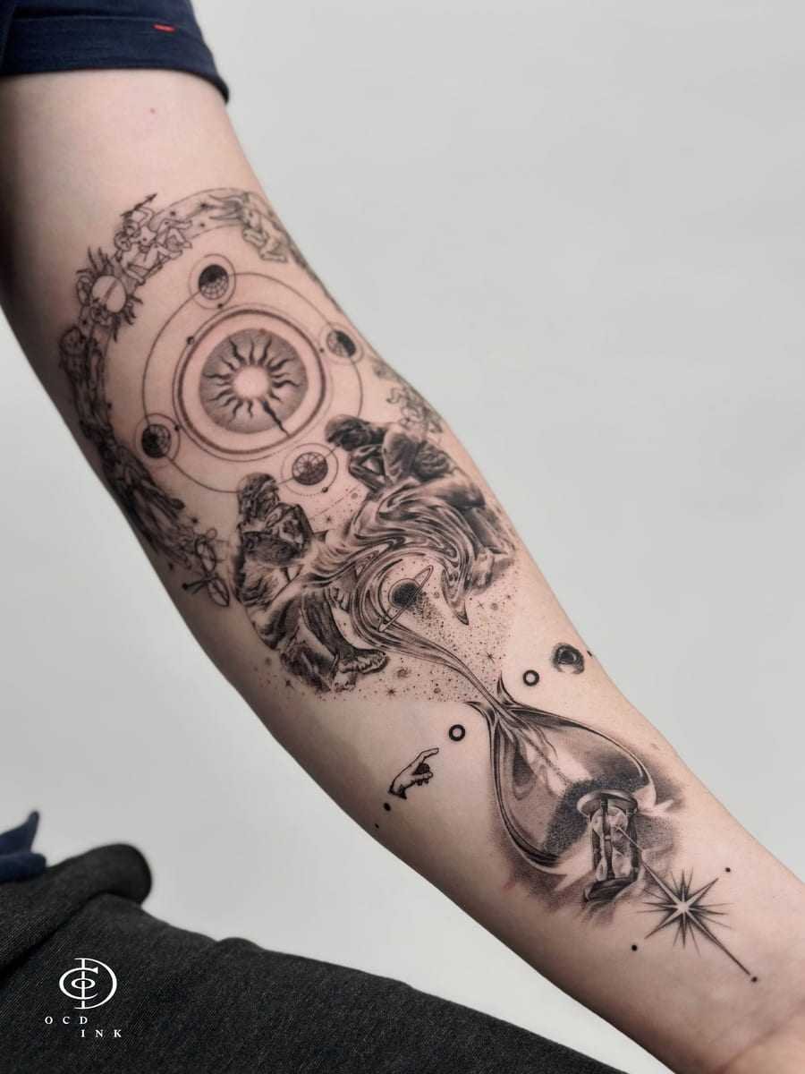 Surrealism graphic tattoo featuring cosmic orbits, abstract figures, an hourglass, and flowing space-inspired imagery