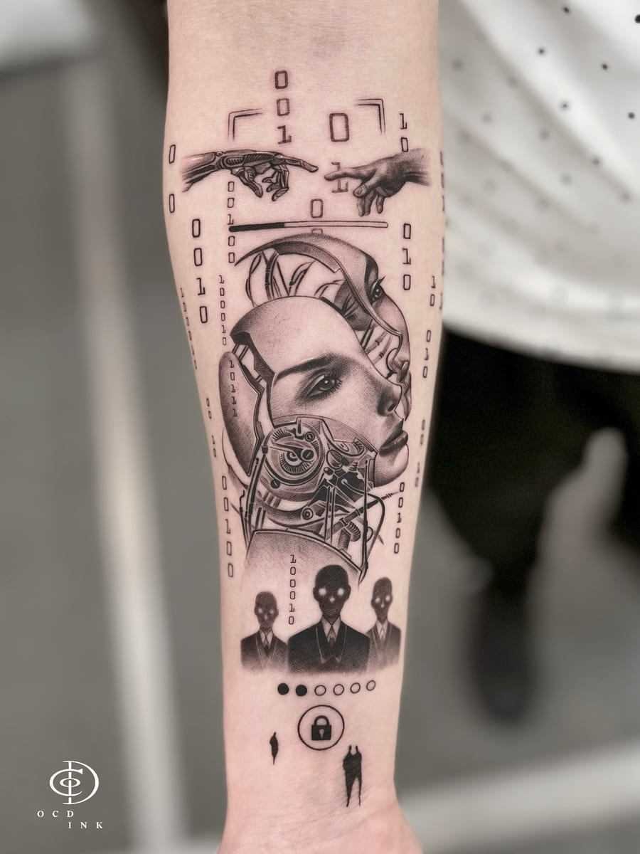 Surrealist cybernetic tattoo featuring a human-robot portrait, binary code, reaching hands, and shadowy figures