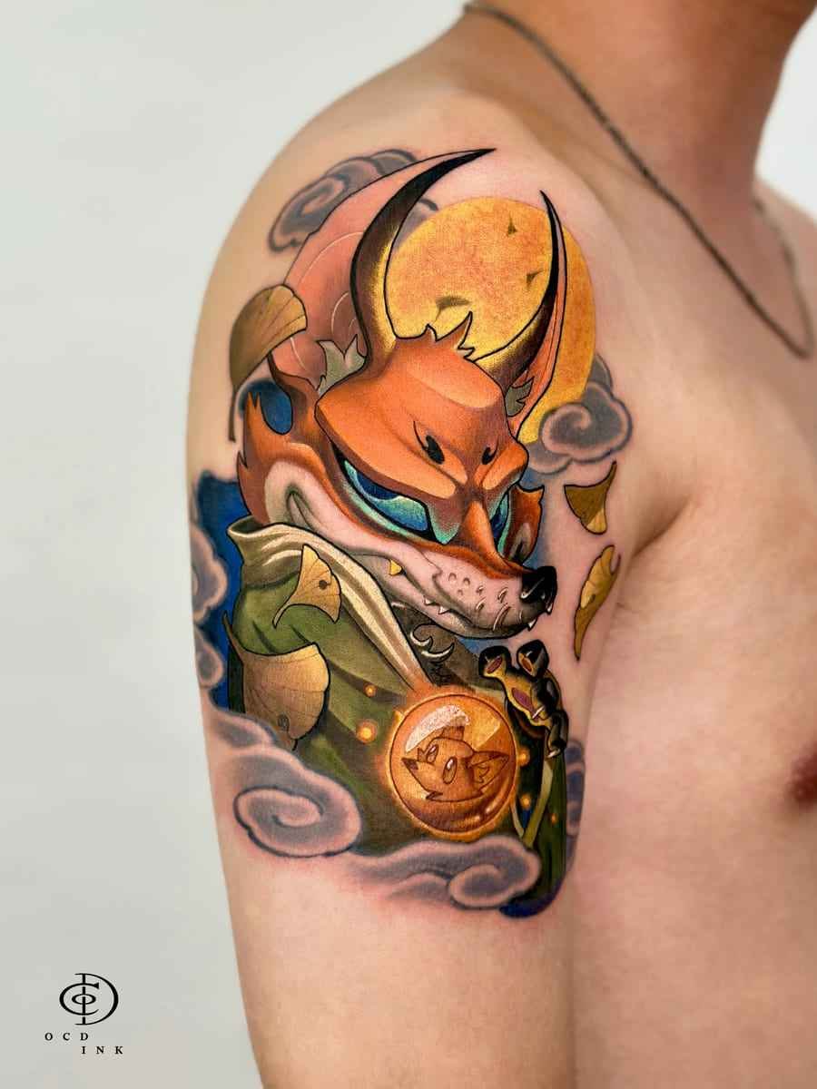 ILLUSTRATION Colorful illustration tattoo of an armored fox character with a visor, moon, clouds, and glowing medallion
