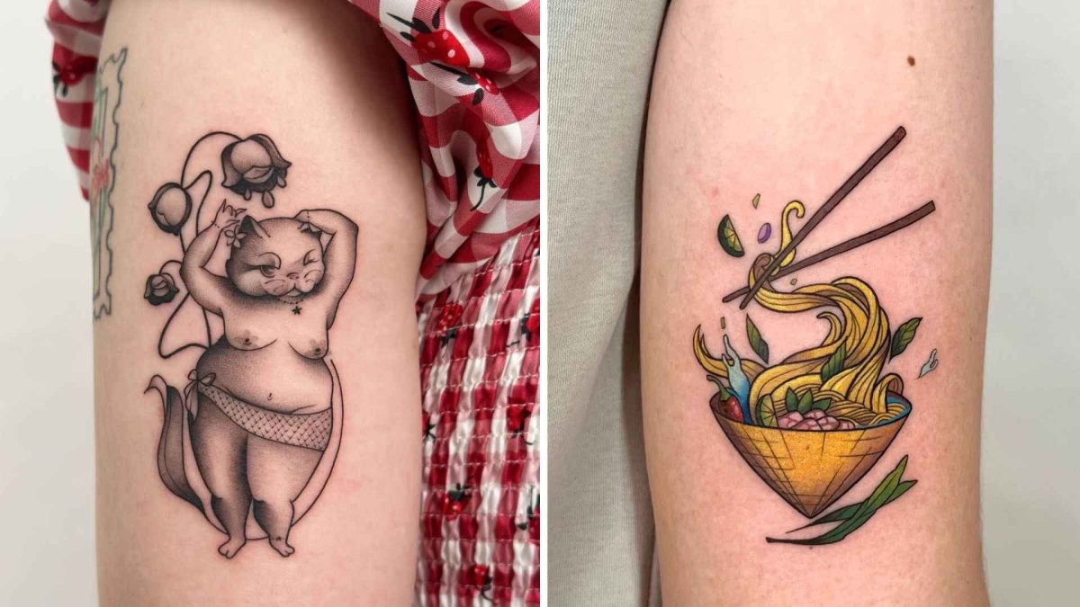ILLUSTRATION Illustration tattoo designs featuring a whimsical cat with flowers and a colorful noodle bowl with chopsticks.
