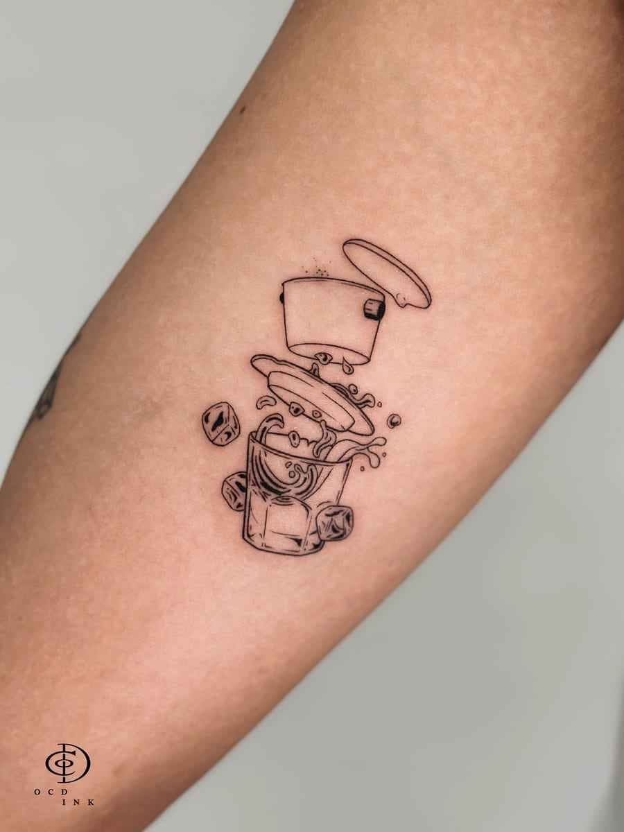 ILLUSTRATION Illustration tattoo of floating cookware, noodles, and ingredients in a deconstructed cooking scene