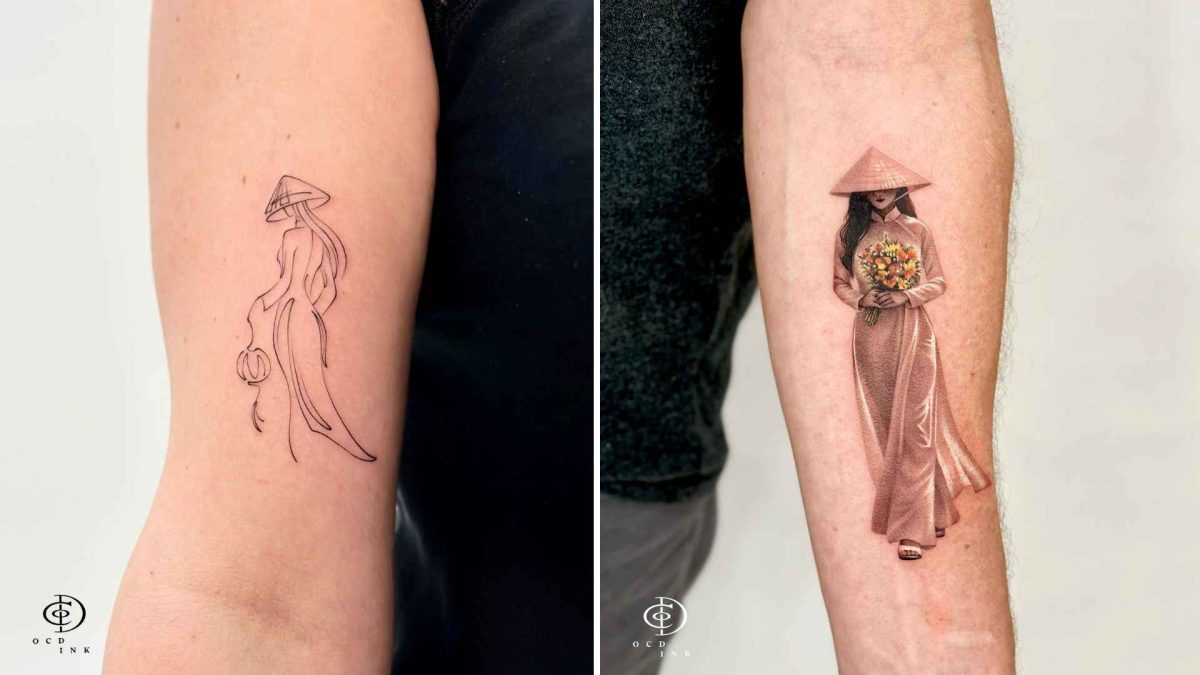 ILLUSTRATION Realistic vs illustrative tattoo comparison of Vietnamese women in áo dài and conical hats on the arm