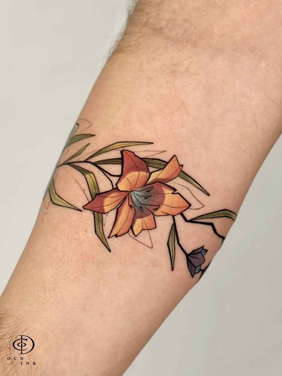 ILLUSTRATION Illustration tattoo of an orange flower with green leaves and geometric linework wrapping around the arm