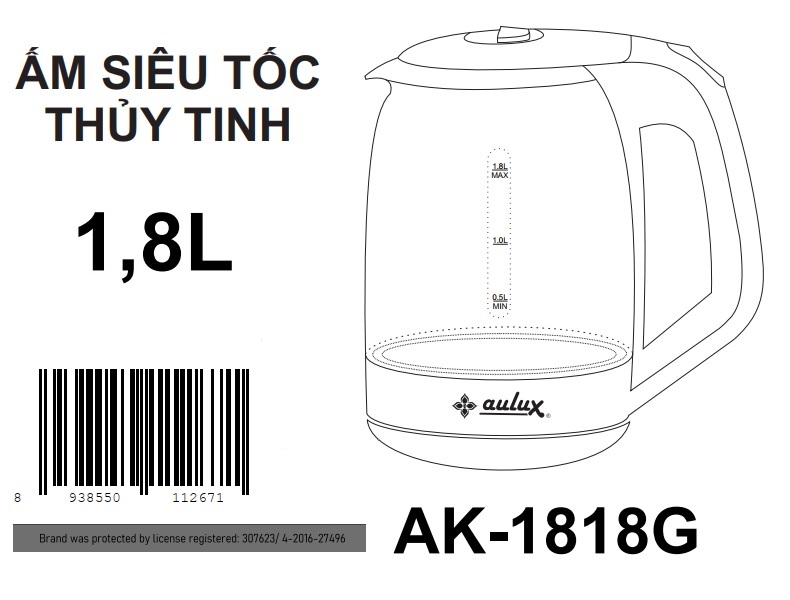 Ấm siêu tốc thủy tinh Aulux AK-2018G