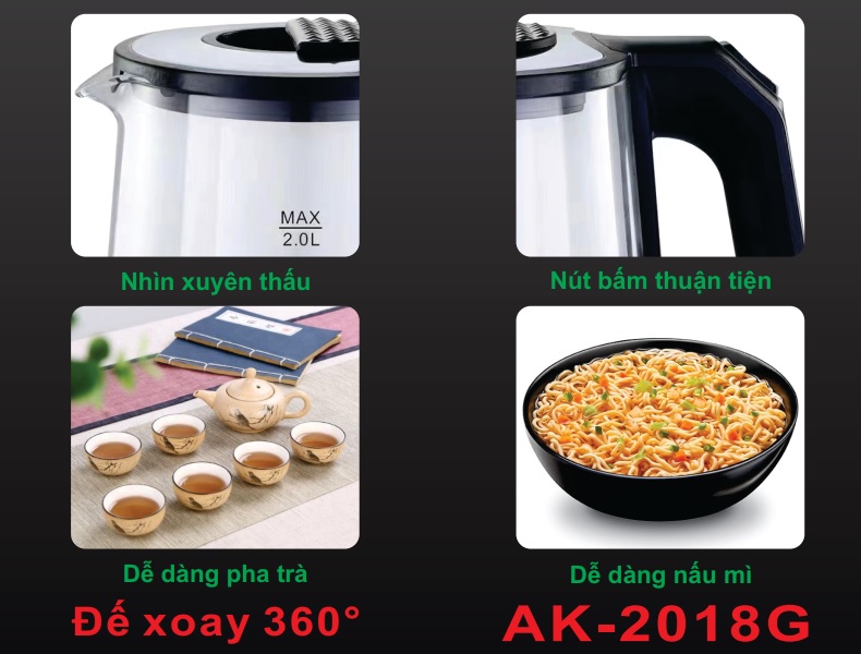 Ấm siêu tốc thủy tinh Aulux AK-2018G