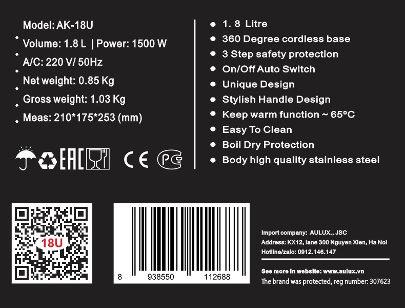 Ấm siêu tốc hai lớp có ủ Aulux AK-18U