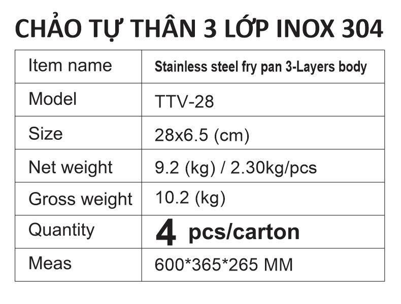 Chảo tự thân 3 lớp cao cấp, inox 304