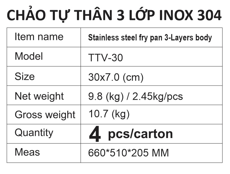 Chảo tự thân 3 lớp cao cấp, inox 304